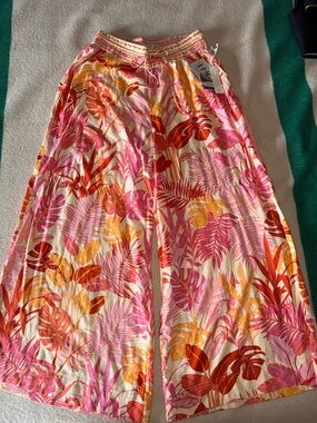 Haute Hippie Wide-Leg Pants with Pink and Orange Leaf Print